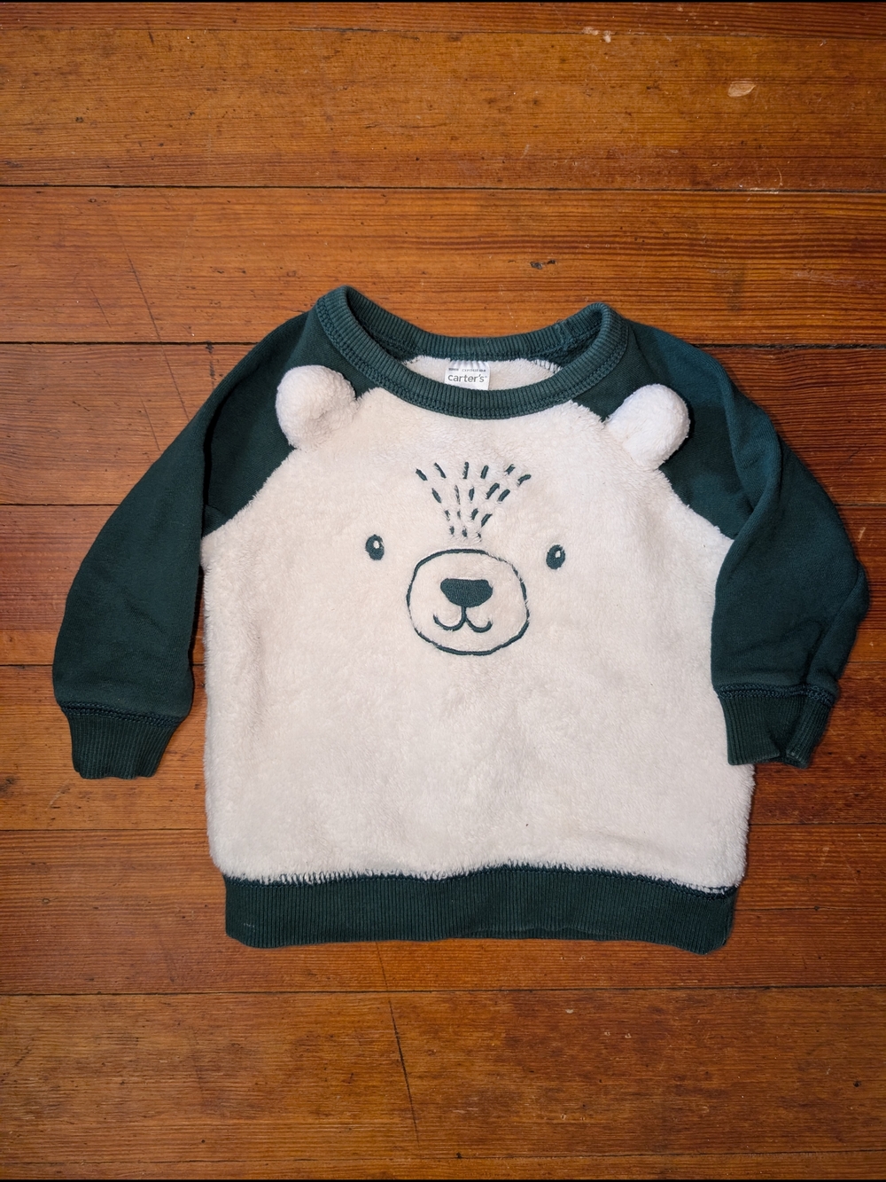 Carter's Cream Plush Bear Pullover with Dark Green Sleeves